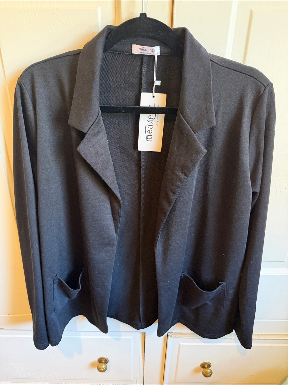 Black Open-Front Sweatshirt Material Blazer Jacket